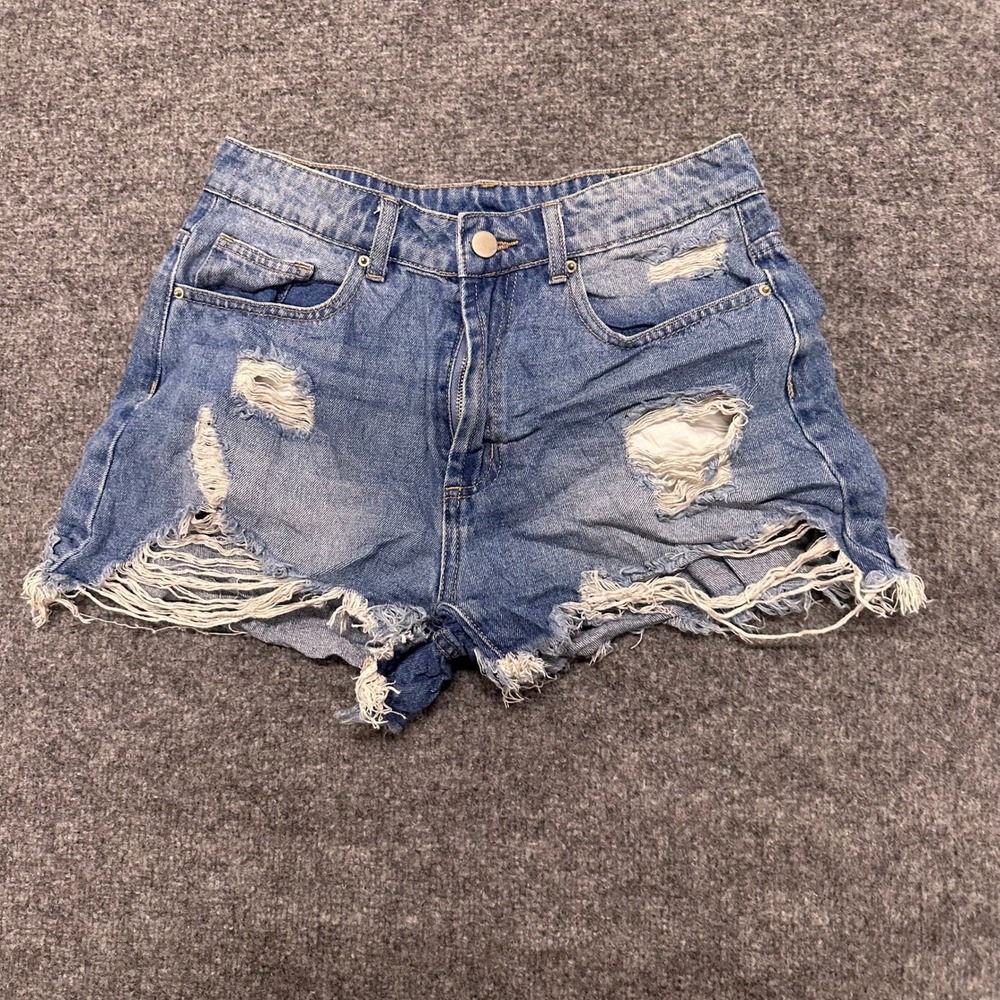 Shein Shorts Womens Size M Blue Distressed Frayed Raw Hem High Waisted Denim